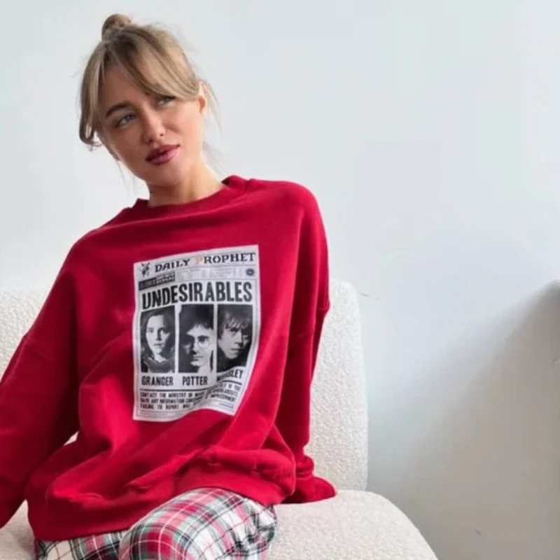 Retro  American Unique Pattern Red Sweatshirts Women Fashion Streetwear Autumn Loose Sports Leisure Grunge Punk Girls Clothes
