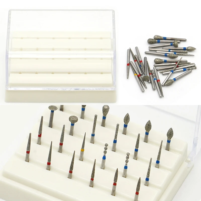 24Pcs Dental Diamond Burs Set FG 1.6mm Teeth Polishing Drills Bits Grinder with Storage Box for High Speed Handpiece