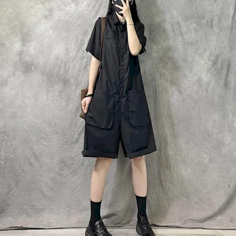 

Однотонные комбинезоны в стиле минимализм с воротником поло и короткими рукавами, свободные цельные летние комбинезоны для спецодежды, брюки, комбинезоны для женской одежды