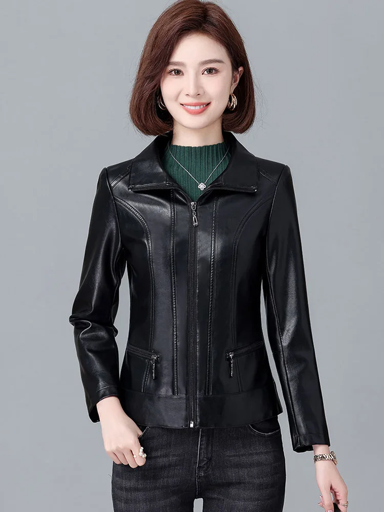 New Women Casual Moto Biker Leather Jacket Spring Autumn Fashion Turn-down Collar Long Sleeve Short Split Leather Coat