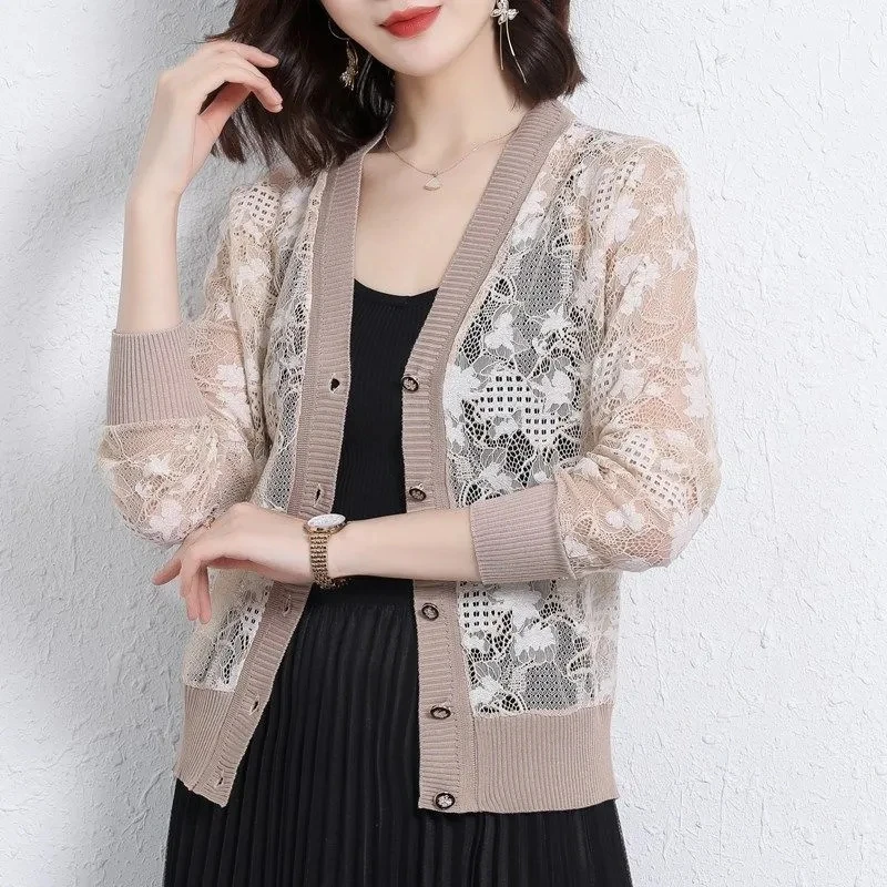 Summer Lace knitted Sunscreen Cardigan Jacket 2024New Women Fashion Mid-Aged Short Shawl Conditioning knitwear Shirt Coat Female