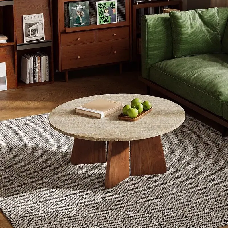 Solid wood natural round travertine coffee table small apartment minimalist living room home bed and breakfast retro wabi-sabi