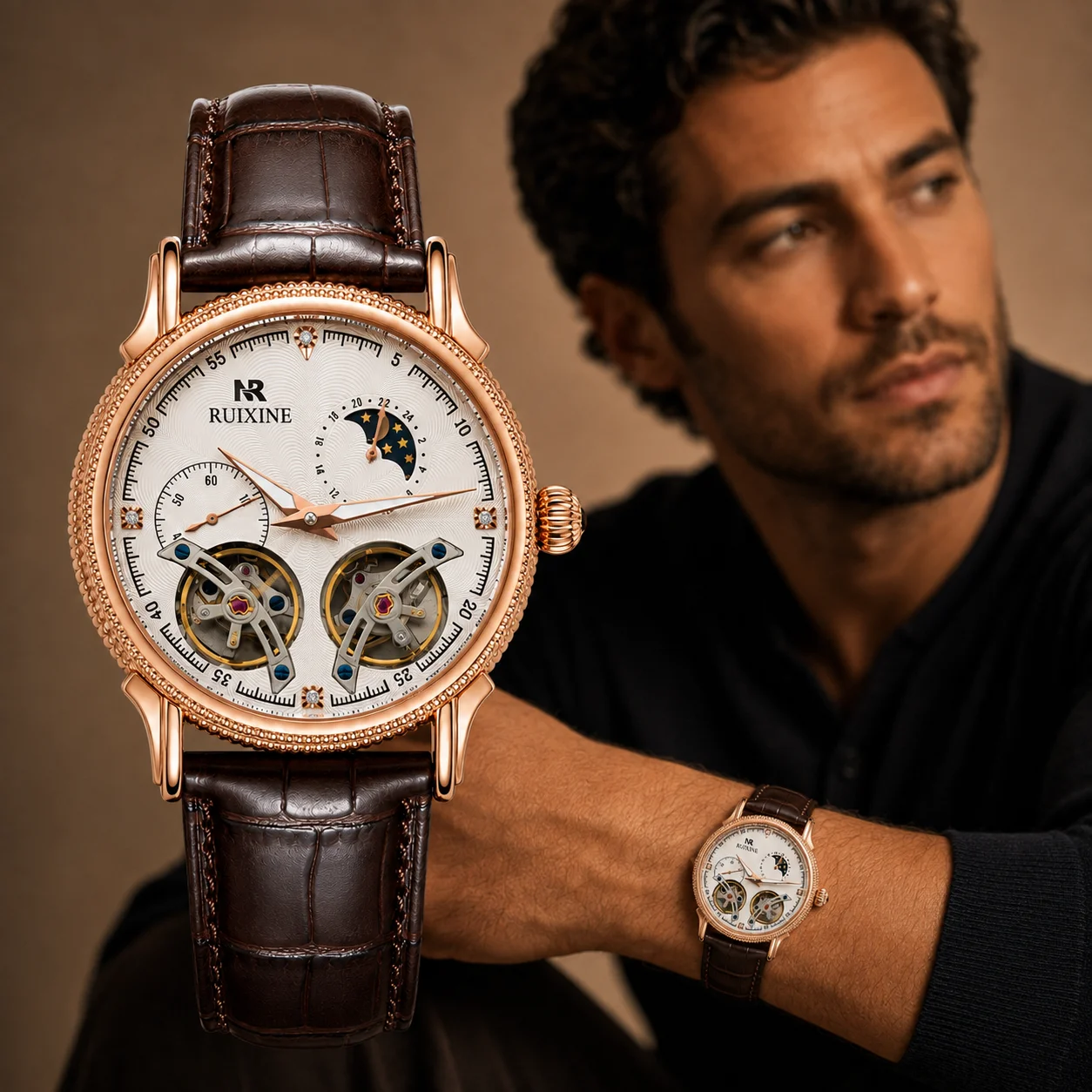RUIXINE 2026 New Men's Automatic Mechanical Watch Dual Open Heart Moon Phase Leather Strap Luxury Vintage Business Wristwatch
