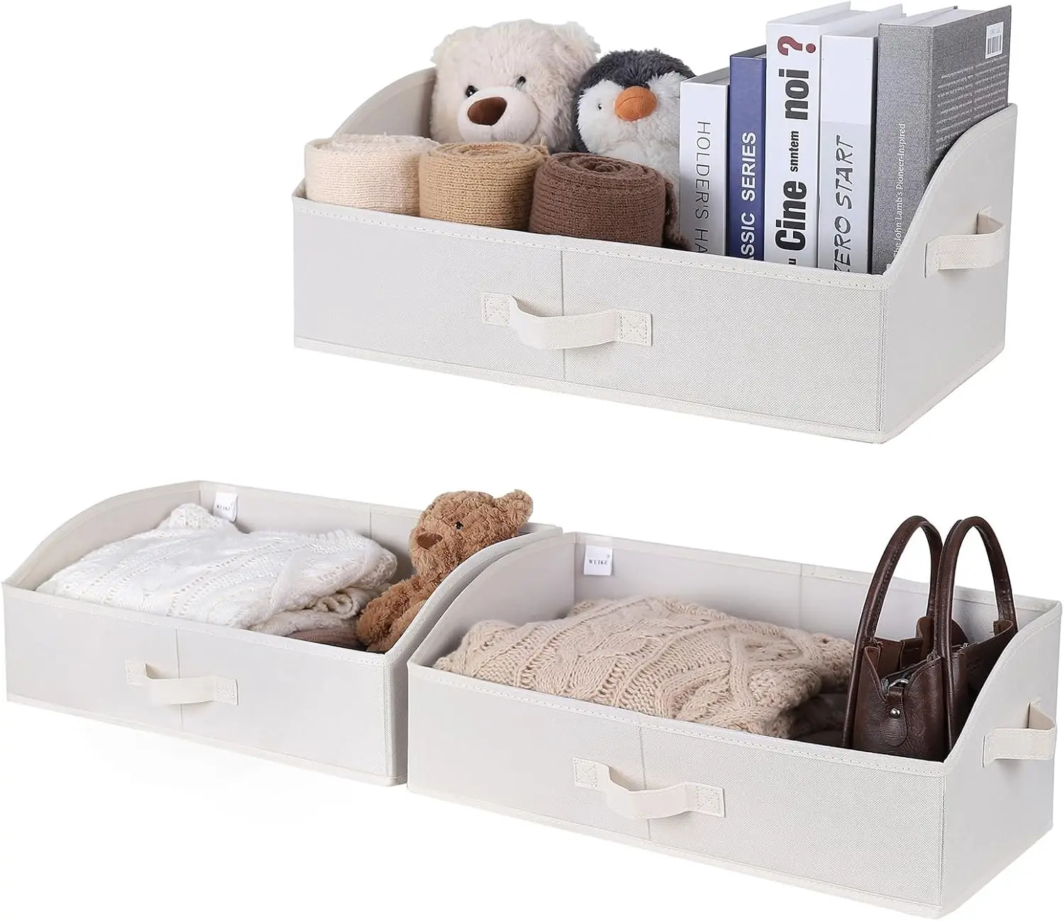 

3 Pack Extra Large Fabric Storage Bins with Handles - White & Beige