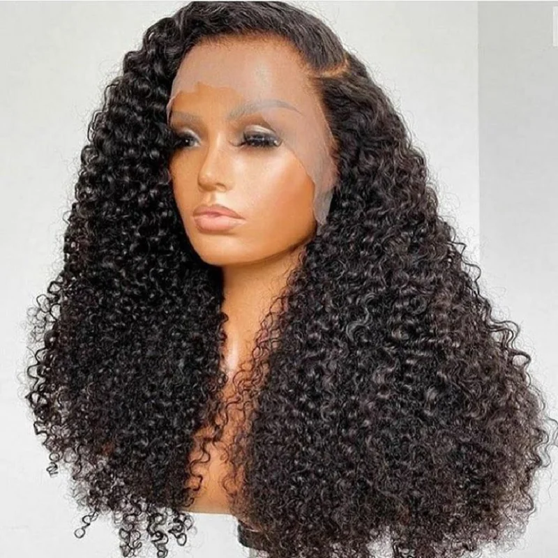 Peluca rizada de encaje frontal para mujer, pelo de bebé largo, 180de densidad, 26 ", suave, Natural, negro, predesplumado, resistente al calor, sin pegamento, diario