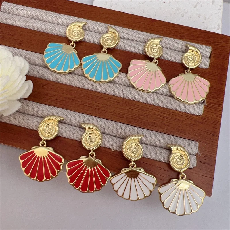

Seashell Enamel Drop Earrings Asymmetric Fan-Shaped Pendant Earrings Luxury Exquisite Accessories for Women Party Jewelry Gift