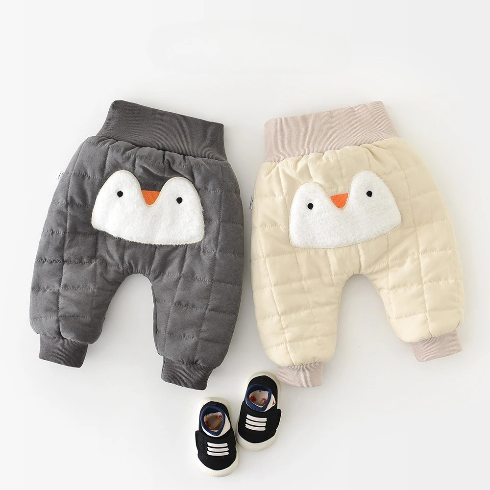 New Winter Baby Pants 0-3T Cartoon Penguin Boys Infant Fleece Padded Trousers Toddler Girls Elastic Waist Warm Pants