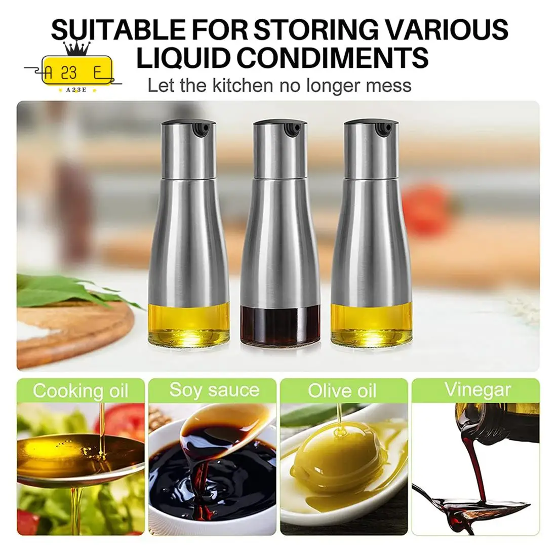 

A23E-2Pcs Olive Oil Bottle Dispenser Set, Oil Dispenser Cruet Set, Stainless Steel Olive Oil Dispenser Elegant Glass Bottle