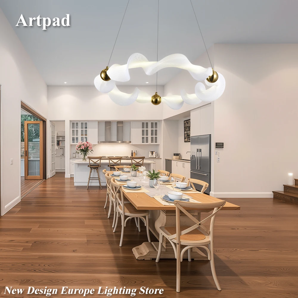 

White Round Pendant Lamp For Living Dining Room Kitchen Table Island Modern Long LED Hanging Chandelier With Acrylic Shade