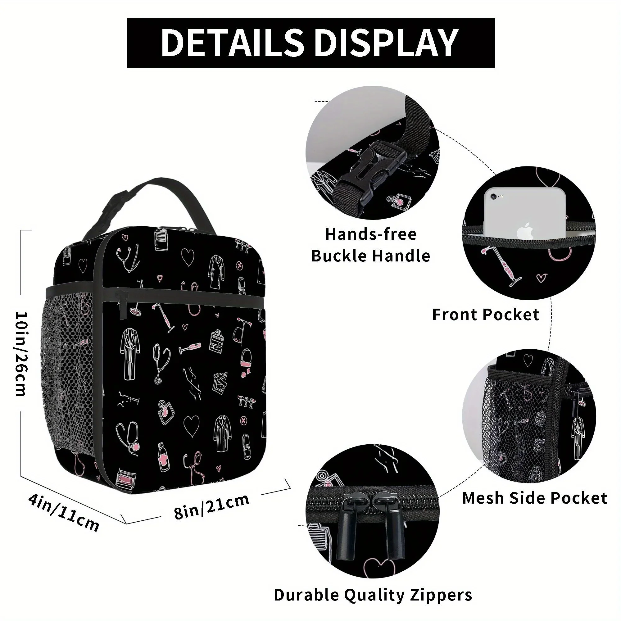 1pc Medical-Themed Thermal Insulated Bag - Black with Pink Medical Icons (Stethoscope, Syringe, Pills) - Non-Food Contact Therma
