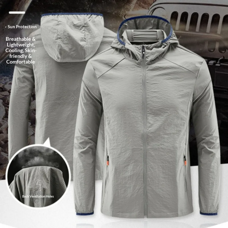 Outdoor Ice Silk Sonnenschutzjacke mit Kapuze für Herren, Sommer, dünn, Sonnenschutz, Sportoberteile, schnell trocknend, atmungsaktiv, Angeljacken