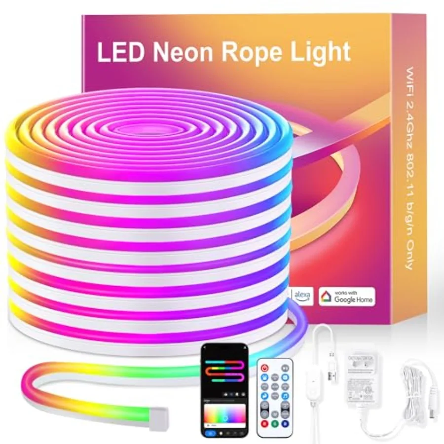 

Neon Rope Lights 16.4ft Smart RGB+IC LED Strip Lights with App and Remote Control IP67 Waterproof Flexible Neon String Lights f