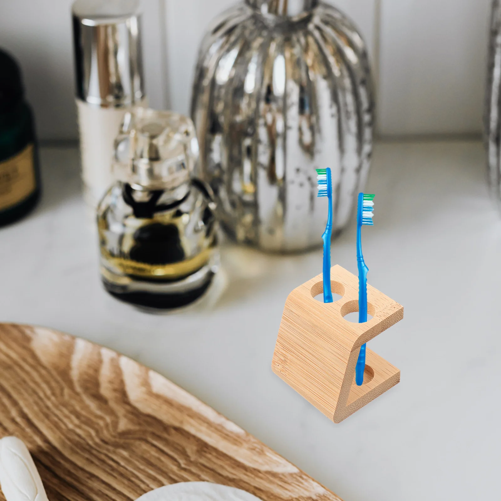 

2-Hole Bamboo Toothbrush Storage Stand Multipurpose Holder for Countertop Pen Pencil Makeup Brush Organizer Bathroom Desktop