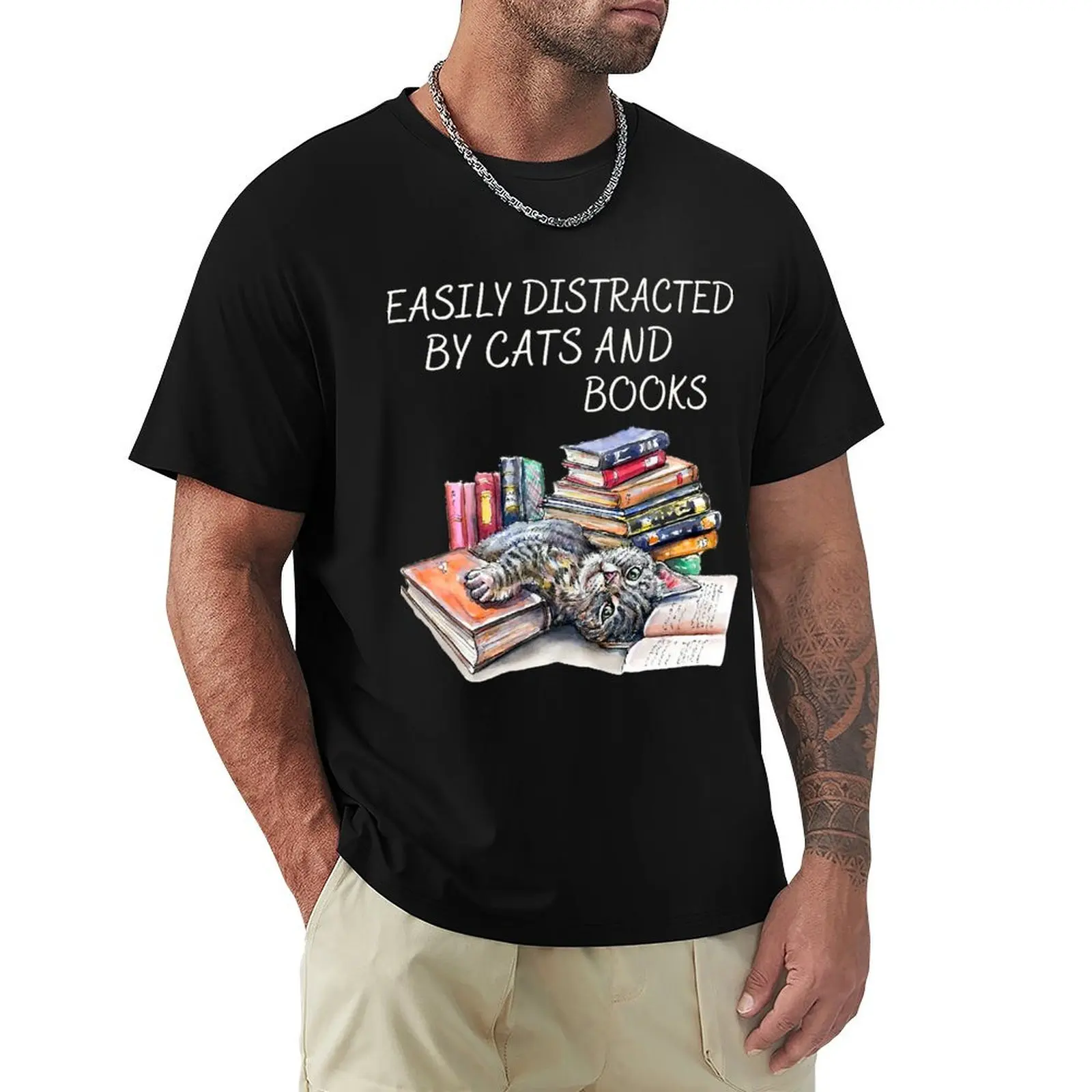 Easily Distracted By Cats _ Books - Cat _ Book Lover T-Shirt Work Wear Short Sleeve T-Shirt