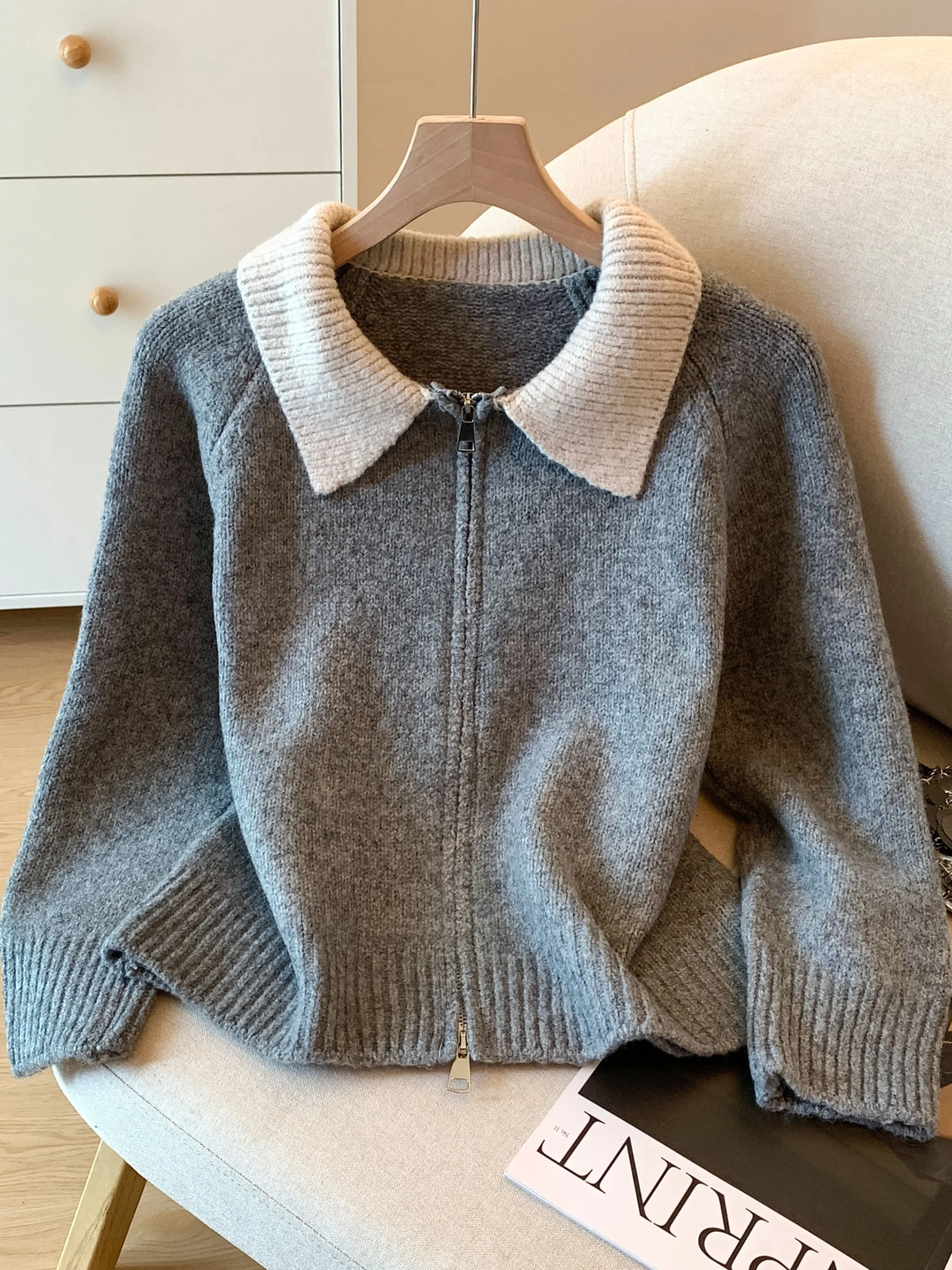 

Модный вязаный кардиган с цветными вставками и воротником, женский, свободного кроя, осенне-зимний, простой, универсальный, повседневная верхняя одежда