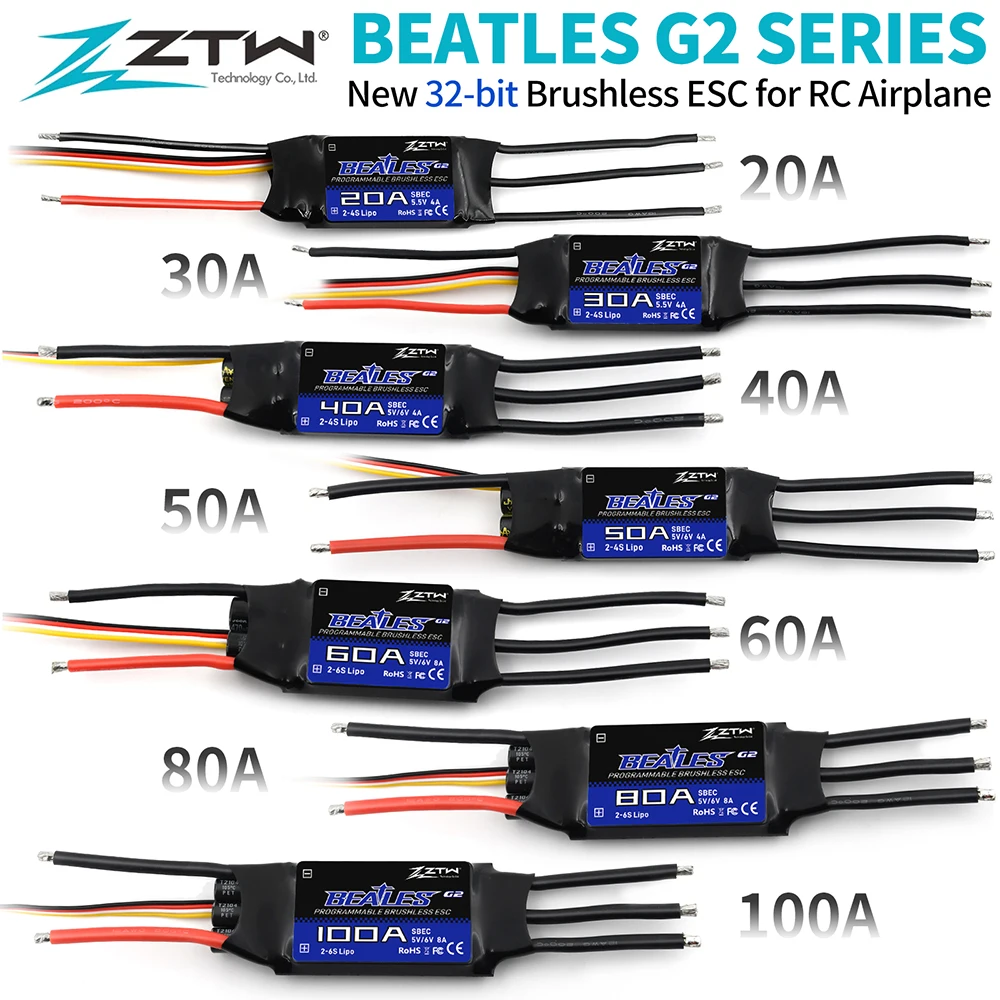 ZTW 32-Bit Brushless ESC Beatles G2 20A/30A/40A/50A/60A/80A/100A 2-6S SBEC 5V/6V 8A regolatore di velocità elettronico per aereo RC