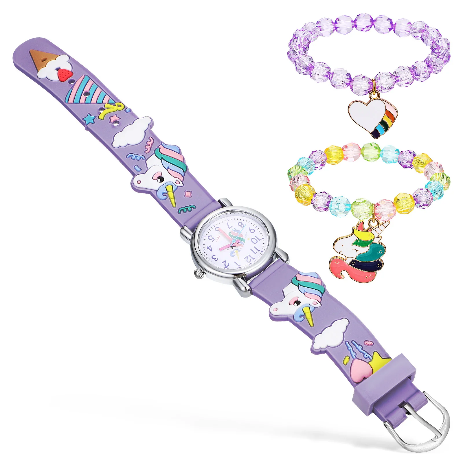 1 Set Unicorn Watch Set Lovely Cartoon Timepiece With Charm Bracelets Arabic Numerals Bright Colors Adjustable Strap For