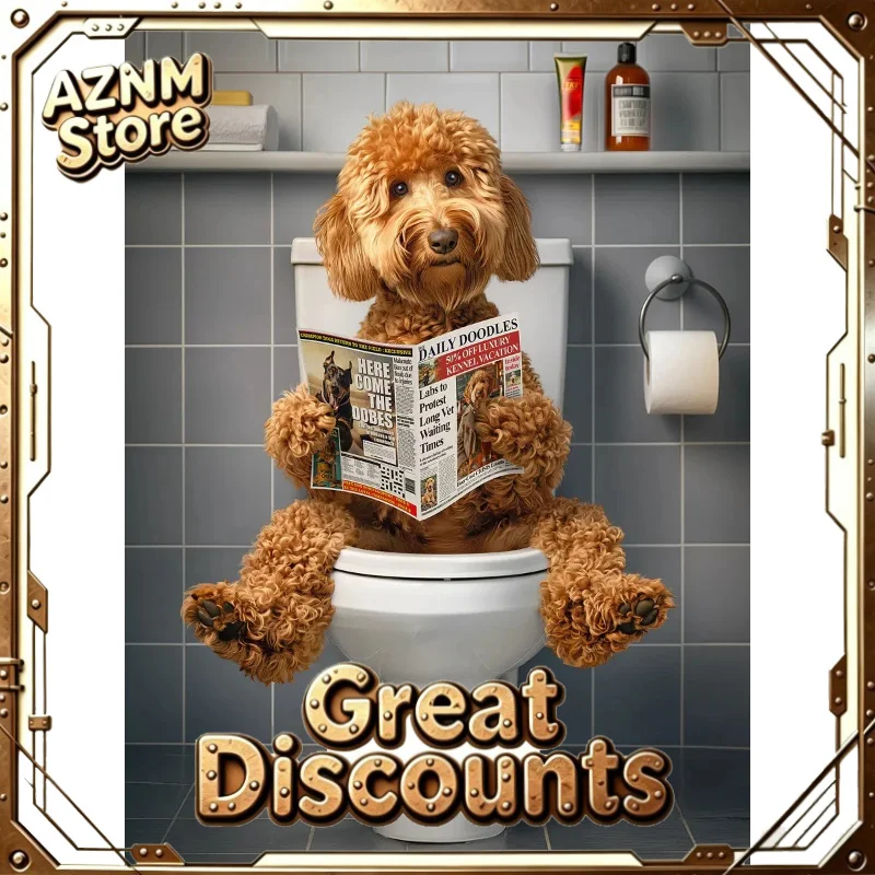 2026 Funny Bathroom Poster Dog Reading Newspaper On Toilet Prints Pet Owner Gift Canvas Painting Wall Art Picture Home Bathroom 