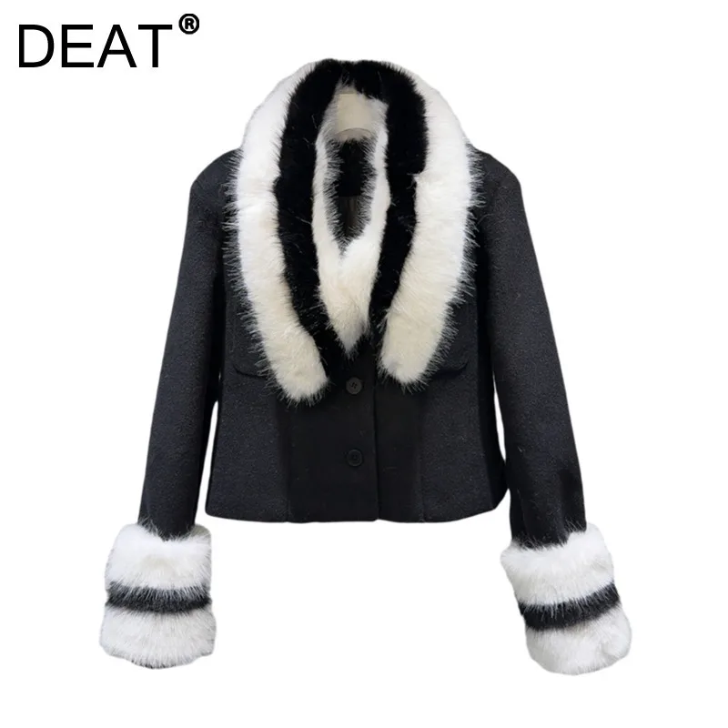 DEAT Women Coat Cotton-padded Contrast Color Striped Collar Single Breasted Short Woolen Jacket 2025 New Spring Fashion 11A02182