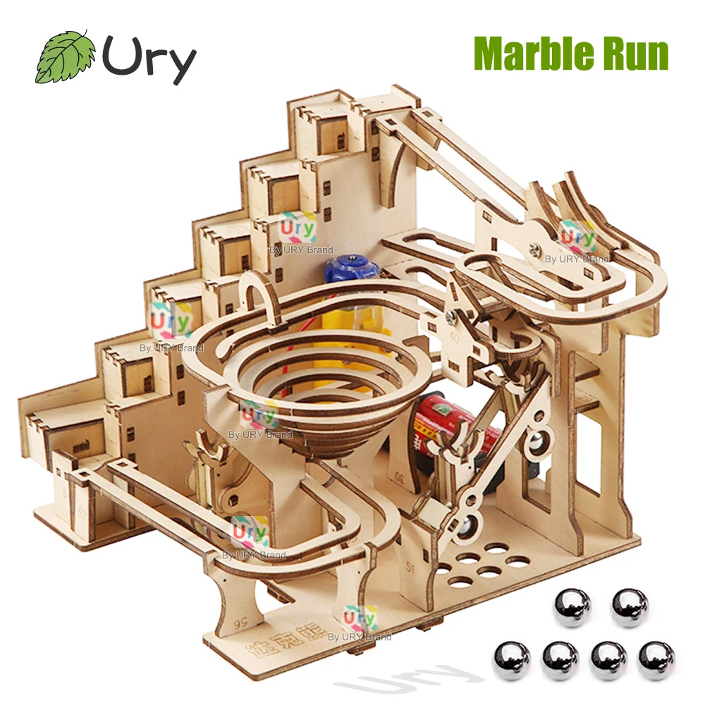 Ury 3D Wooden Puzzles Electric Staircase Track Device Marble Run Set Mechanical Model Science Maze 6 Balls Assembly Gift