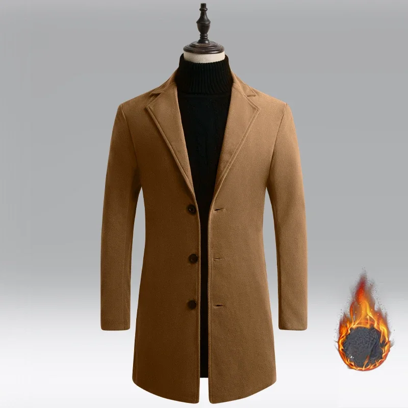 

Korean Fashion Single Breasted Slim Fit Long Wool Blend Coats Men Business Casual Overcoat Winter Cotton Padded Woollen Coat Men