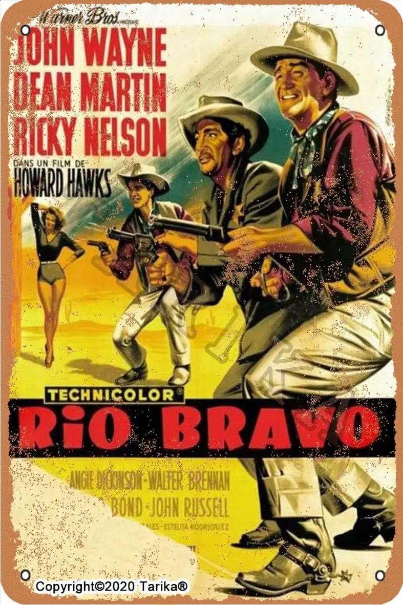 1u,Technicolor Rio Bravo John Wayne Dean Ricky Nelson Metal Vintage Look 20X30 cm Decoração Pintura Sinal para Casa Cozinha Banho