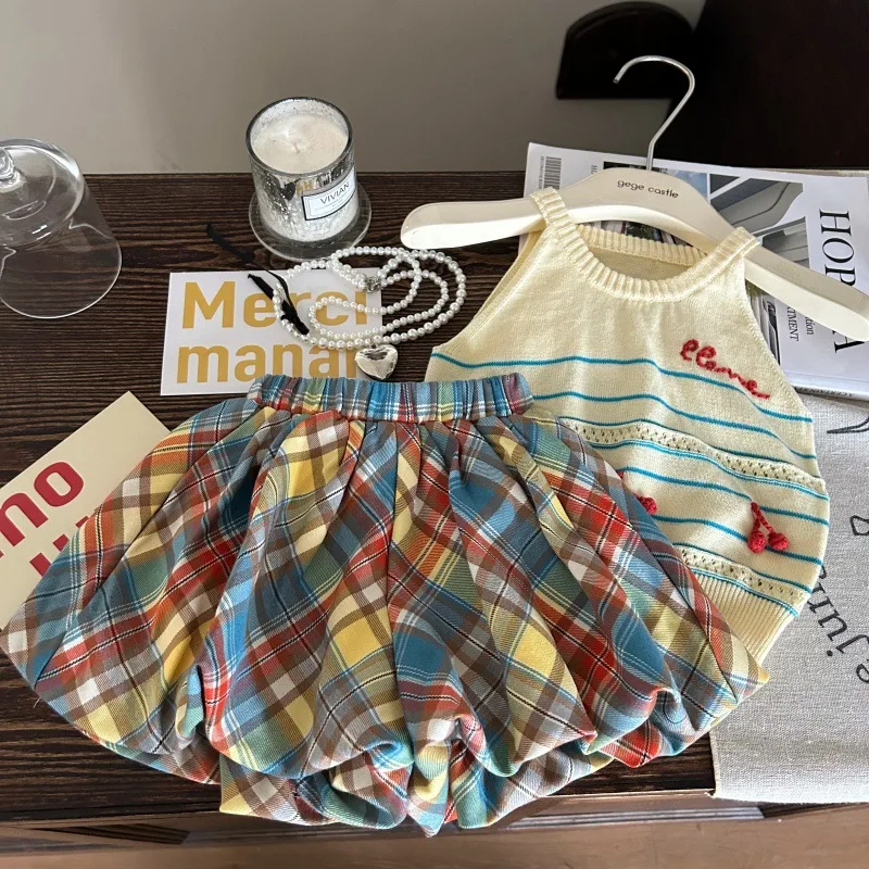 الفتيات مجموعة 2025 صيف جديد ملابس أطفال الكورية نمط طفلة محبوك التطريز نصف سترة جراب السراويل قطعتين عادية #3