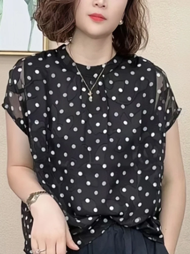 Polka Dot Stand Collar ort Sve irt Women's Faion Slimming Design Sensation Me Top Summer New Sle Ele Lady