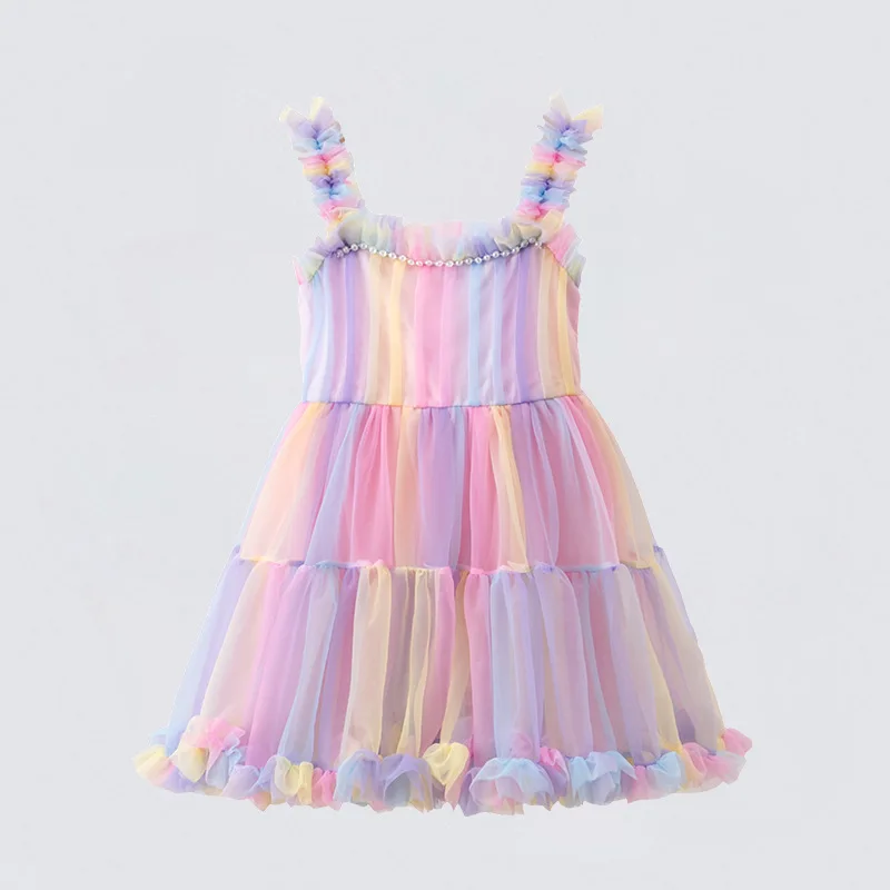 

New Dress Girl Summer Party Children Sleeveless Mesh Princess Dress Patchwork Cute Rainbow Dress Kids Clothes