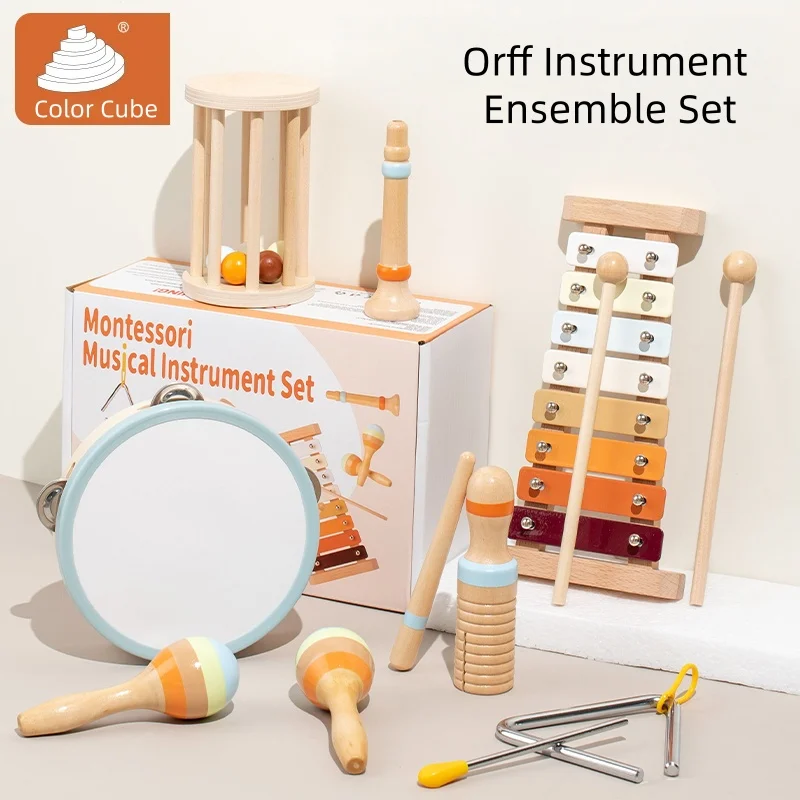 Drewniany zestaw instrumentów muzycznych zawiera ksylofon, bęben, shaker i inne. Dzieci będą się świetnie bawić, tworząc muzykę i uderzając w instrumenty.