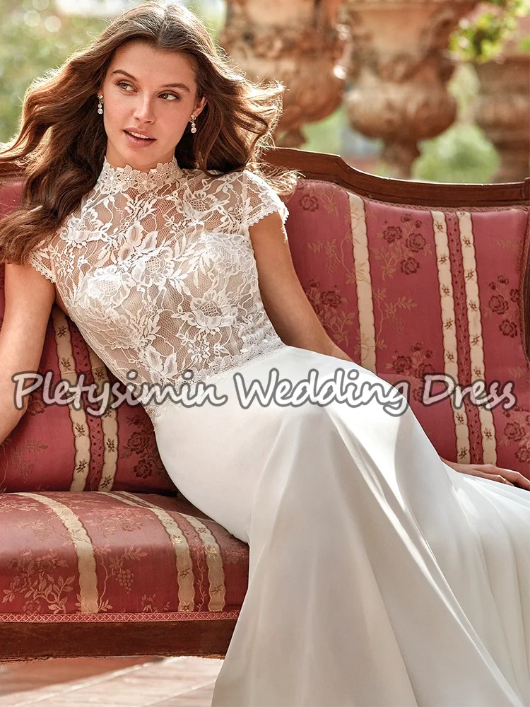 Pletysimin 여성을위한 우아한 레이스 웨딩 드레스 하이 넥 Boho A 라인 신부 가운 쉬폰 캡 슬리브 Vestidos De Novia Customize