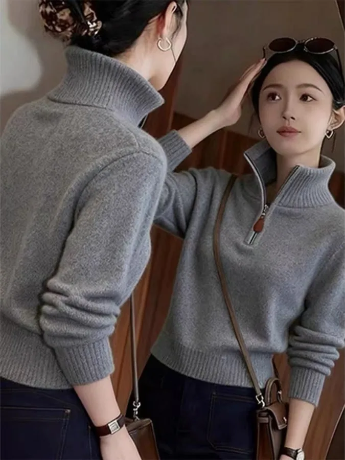 Oule Blanco Cuello alto Base de punto irt Mujer Color Blo f Zip Camiseta larga Sve Mezcla de poliéster suave Camere