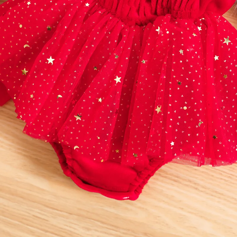 Christmas Newborn Baby Girl Bodysuit Autumn Clothes 2Pcs Outfits Long Sleeve Lace Trim Tulle Dress Jumpsuit with Headband