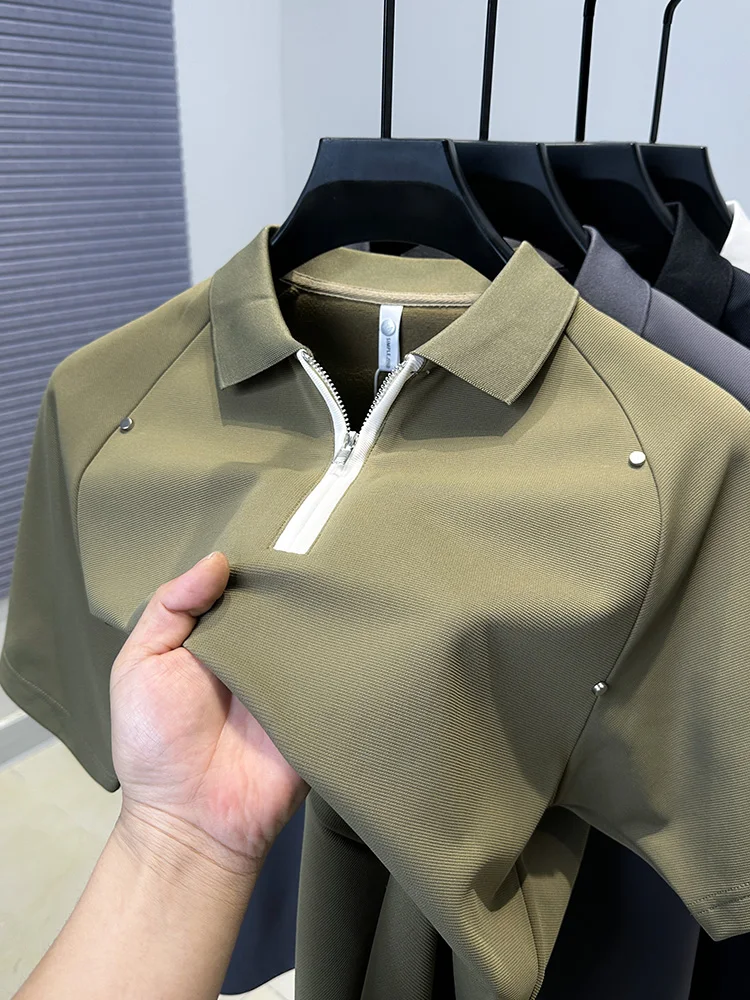 

New high-end luxury lapel ice silk short sleeved Polo men's high-quality summer business casual fashion brand top Korean style