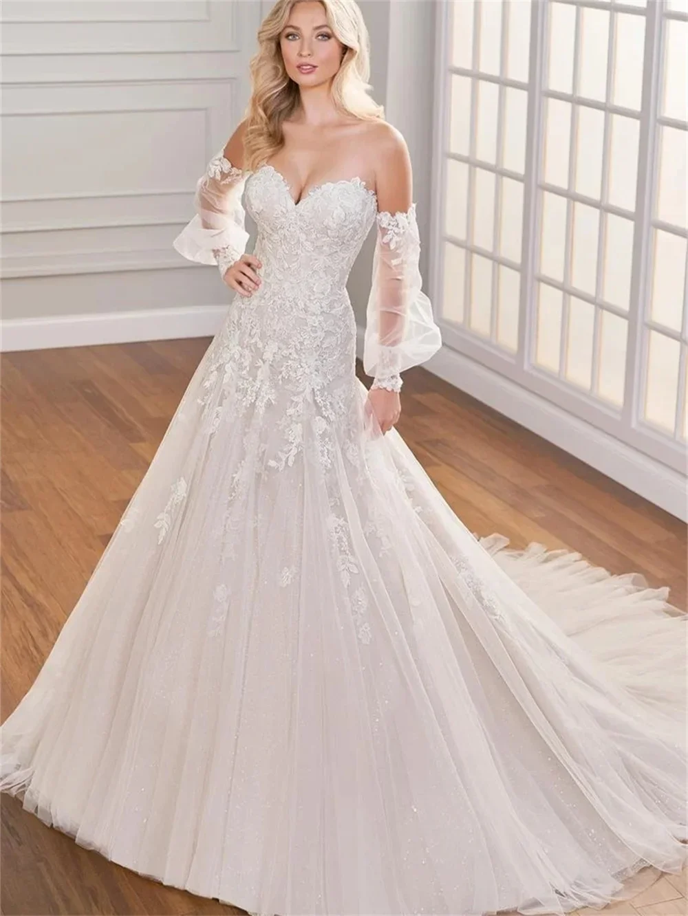 

Flavinke Customized Off-Shoulder Bridal Dresses Elegant Lace Wedding Dress Romantic A-Line Floor-length Dress Vestidos De Novia