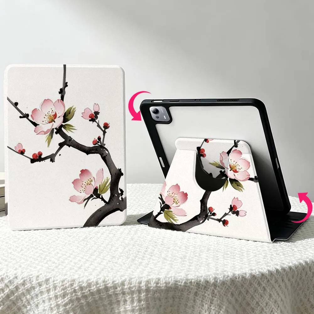 Art Branches Flowers For Xiaomi Mi Redmi Poco Pad 8 7 7S 6 6S 5 SE Pro Ultra 360° Rotation Stylus Storage Tablet Case Soft