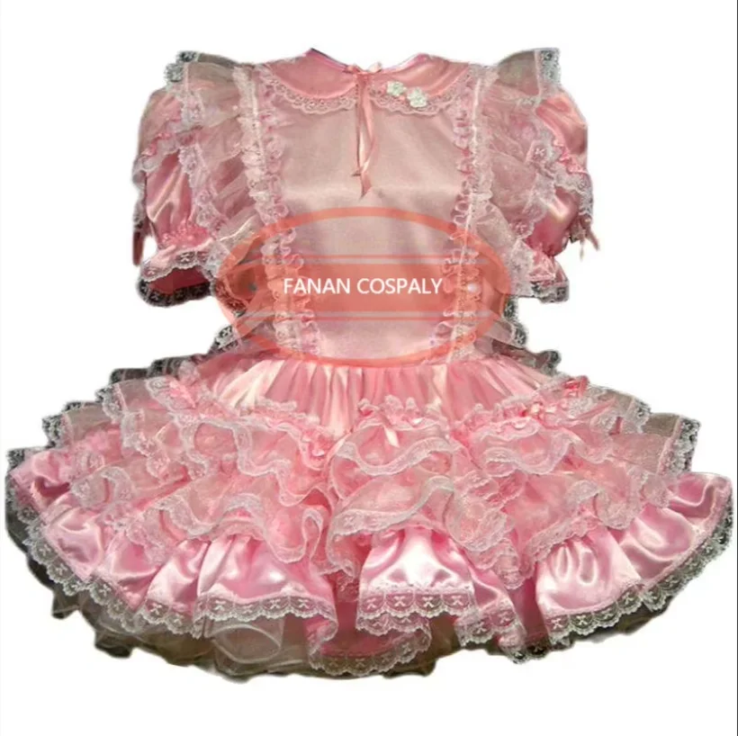 Fashion French Adult Giant Baby Sissy Sexy Pink Satin Lace Dress Girl Prom Maid Dresses Lockable Custom Multi Color