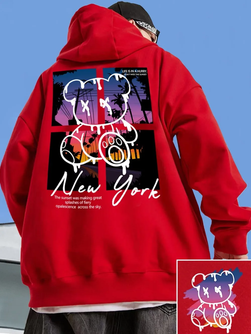 New fashion trend - stylish autumn men's teddy bear graffiti print hooded parka for outdoor street style from Europe and America