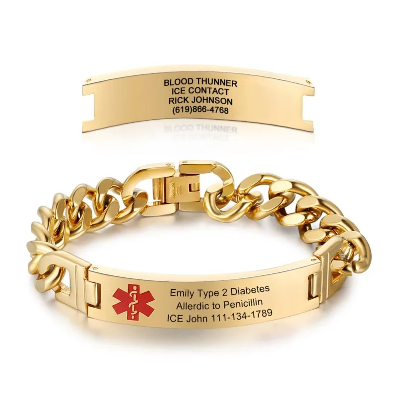 Personalisierte Notfall-Armbänder für Damen und Herren, individuell gravierte medizinische Alarminformationen, medizinische ID-Armbänder aus Edelstahl – Detail 6