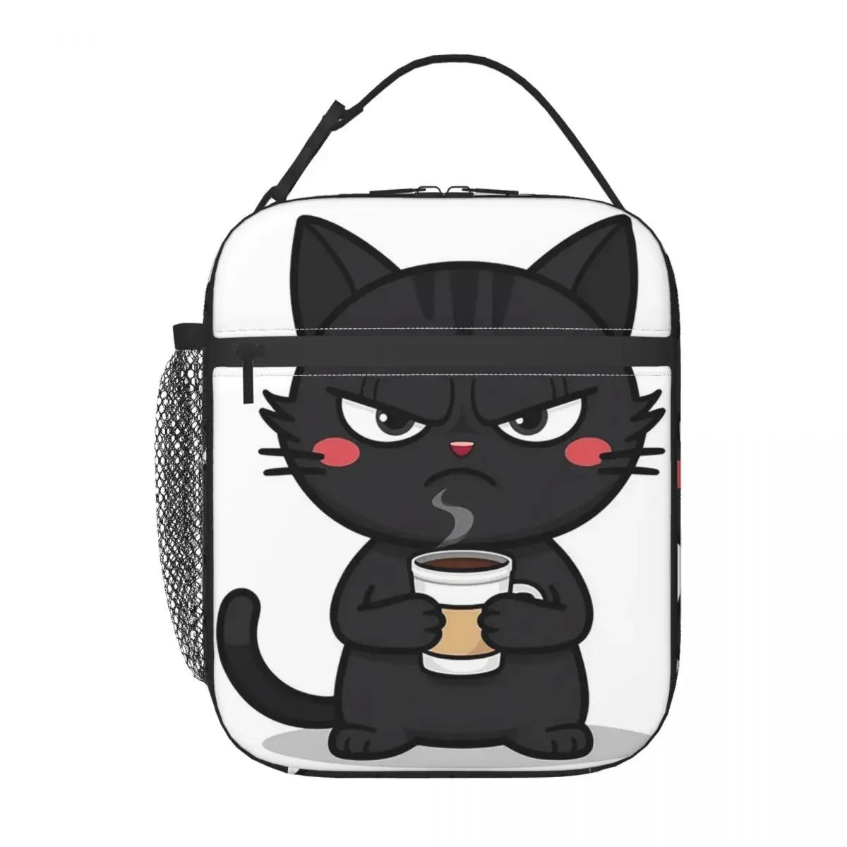White Cat Holding Coffee Cup Pattern Insulated Lunch Bag for Women Kids Leakproof Food Boxes Thermal Lunch Box Tote