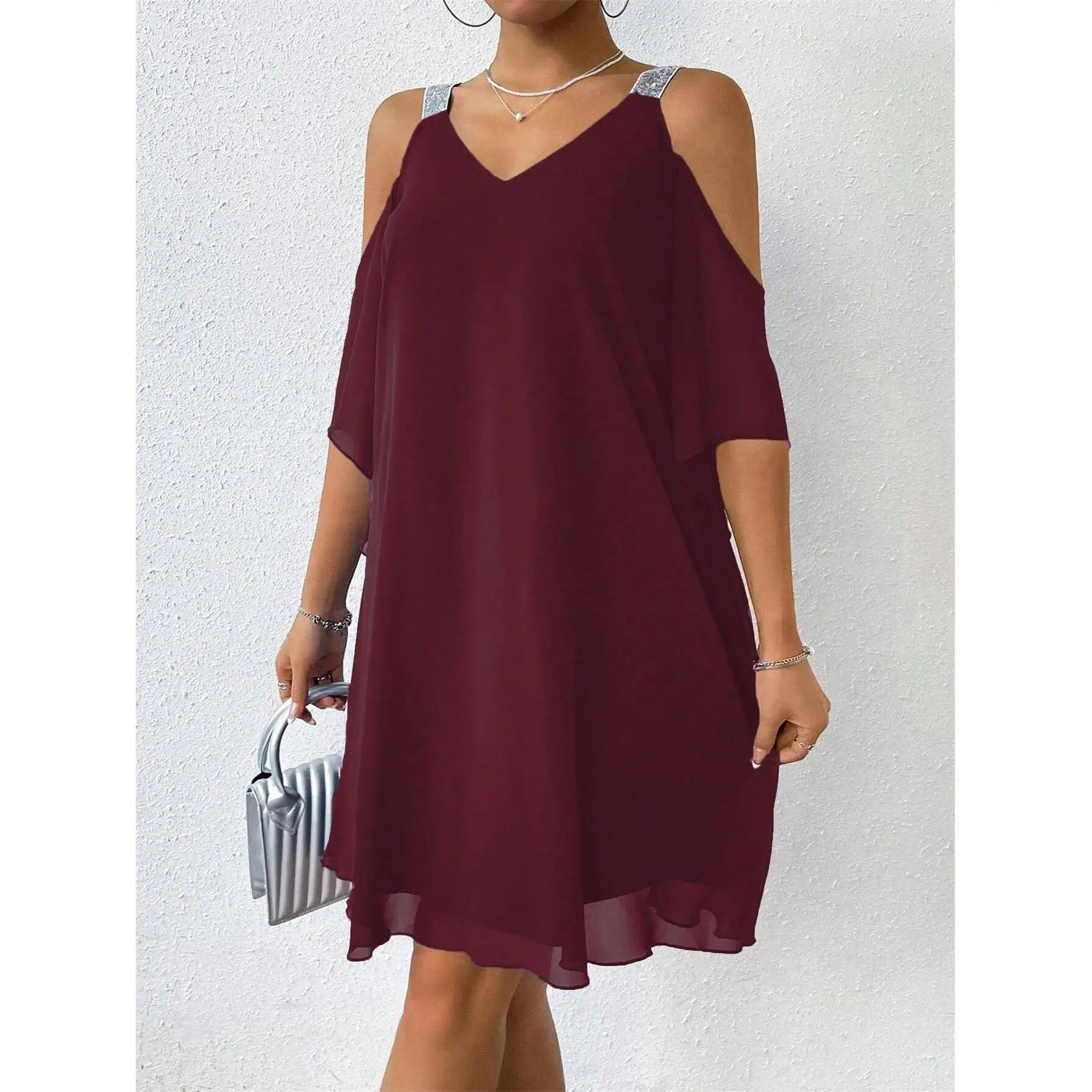 Faionable Color V-Ne oulder Bared Chiffon f Sve Dr met geplooide comfortabele zachte polyester lente S...