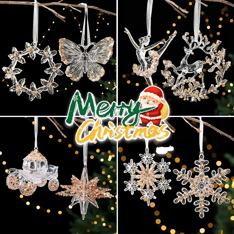 

Acrylic Christmas Hanging Ornaments Transparent Glitter Elk Crown Bell Pendant Snowflake Decor for Xmas Tree Party Decoration