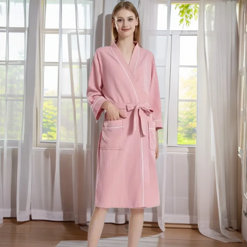 Waffle Robe Women100% Cotton Bath Robe Ladies water sucking Nightrobe Sleepwear Female Casual Home Bathrobe Hotel Robe