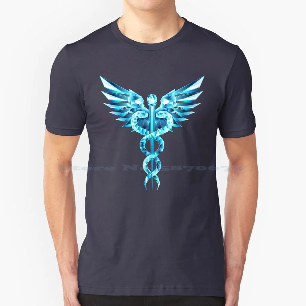 Blue Caduceus Symbol T Shirt 100% Cotton Tee Blue Wings Gold Crystal Caduceus Medical Glowing Emergency Lowpoly Polygonal Wings