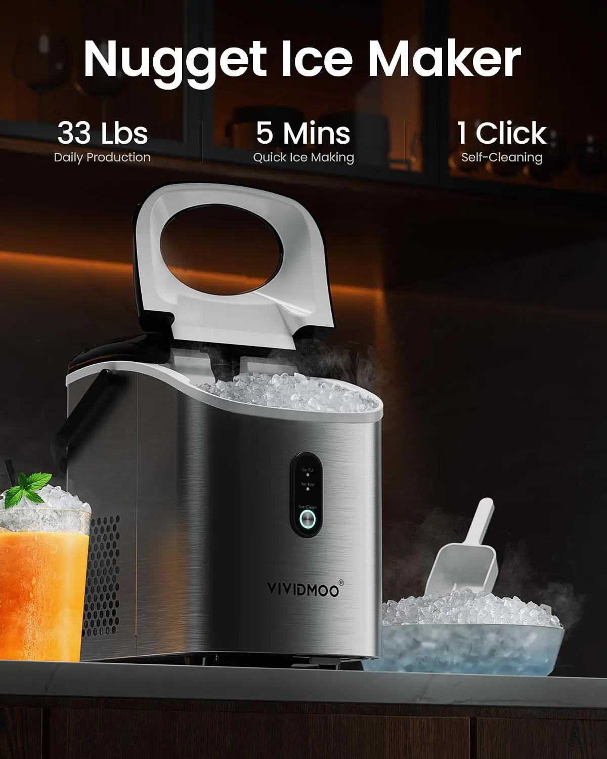 Ice Makers Countertop, 33 Lbs Day Sonic Ice Maker, Countertop Ice Maker with Tooth-Friendly Chewable Ice,Ice Maker with S