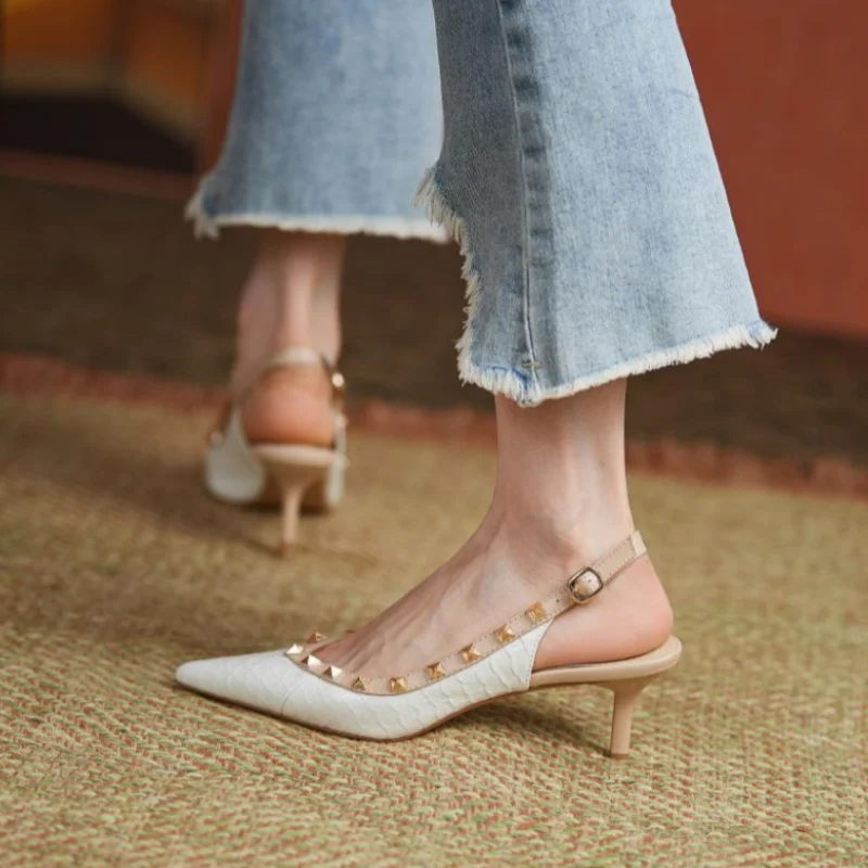 Sexy Women Sandals Rivets Pointed Toe Slingbacks Patent Leather Mid Heels Pumps Snakeskin Pattern Sandalias scarpins feminino