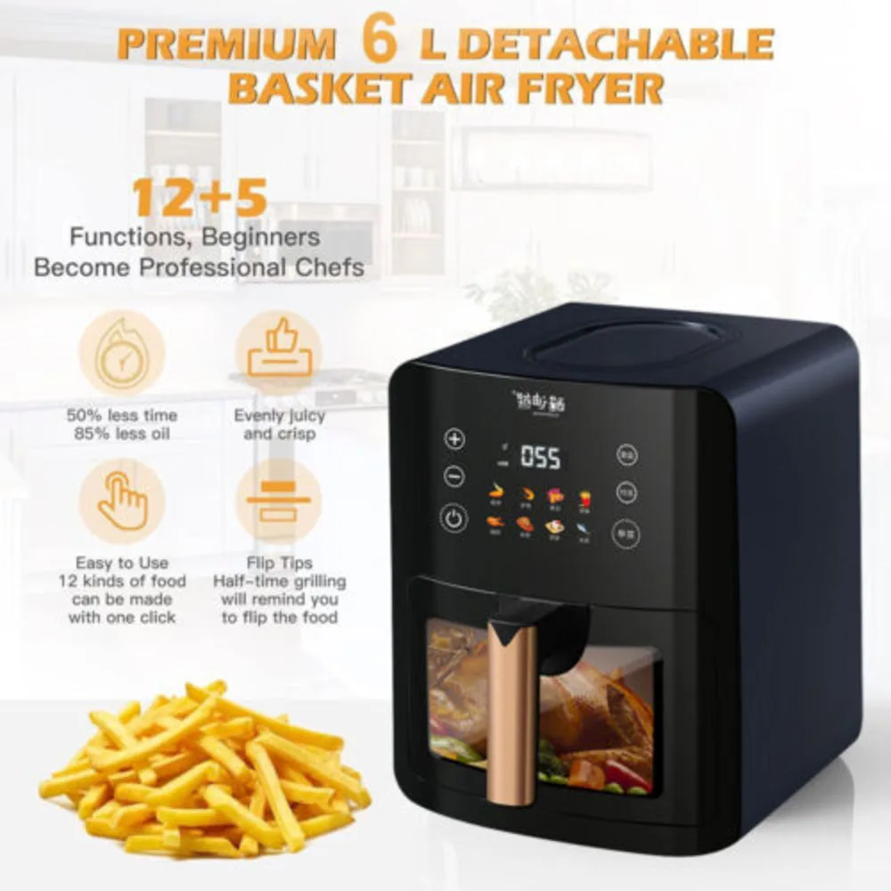 6L Air Fryer Digital Visible Oven Oil Free 1500W Low Fat Healthy Frying Cooker