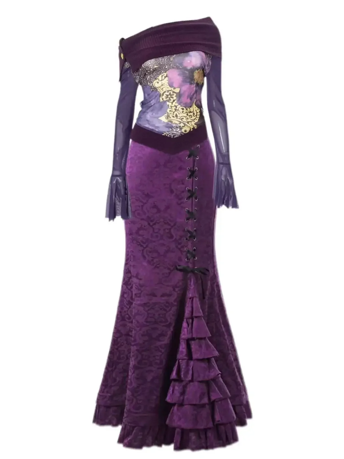 Coalfell Lila Charm Antiker Stil Set Sexy Woolen Splicing Off Shoulder Top Hotgirl FishTail Halbrock Zweiteiliges Set