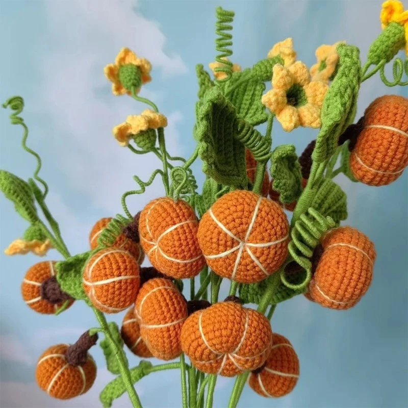 

Handmade Crocheted Bouquet Flower Branches Pumpkin Flowers Vine Fruits Little Pumpkin Halloween Home Decoration Ornaments