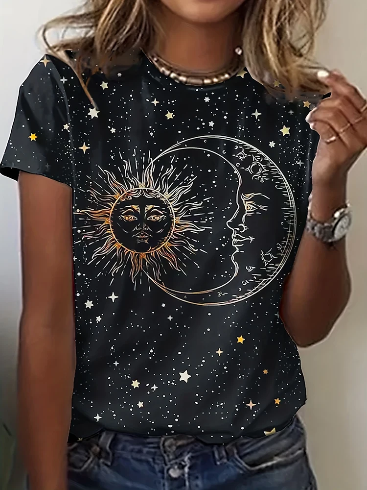 New Entry Women\'s Casual Resort Fun Sun and Moon Positioning Printed Short Sleeve T-Shirt